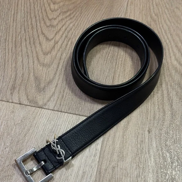 Saint Laurent Black Leather Belt with Silver YSL Accent - Picture 1 of 5